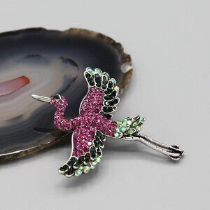 Crane bird pin brooch jewelry animal pink green tone brand new fashion large